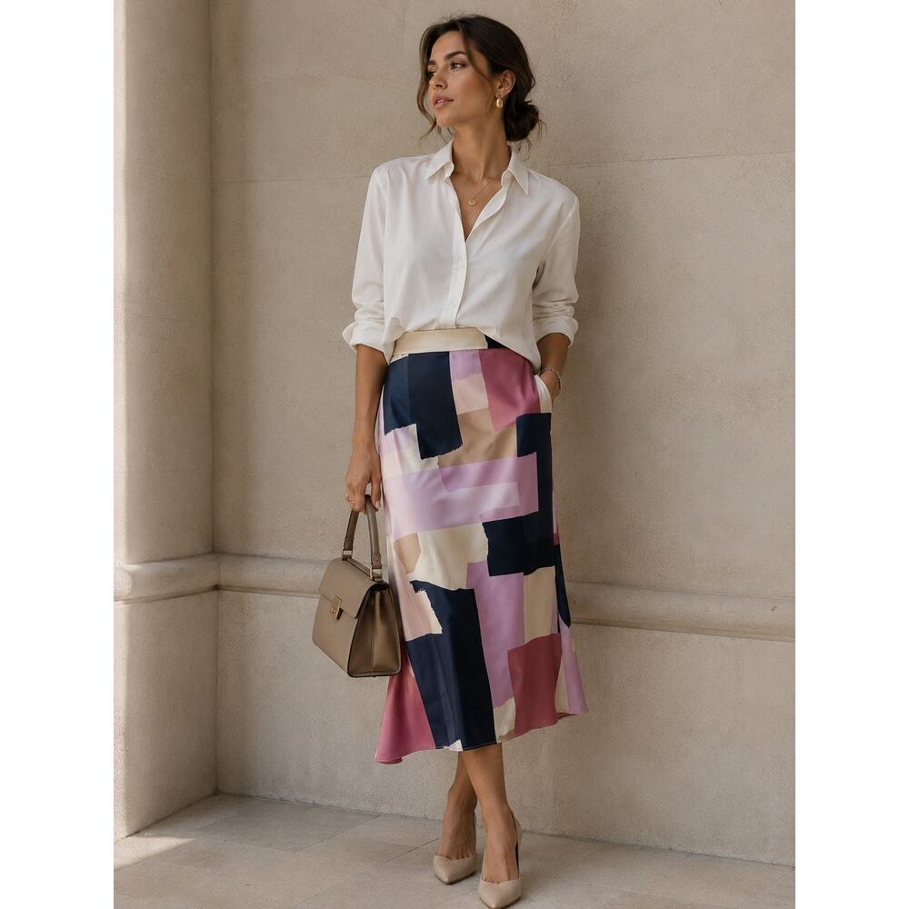 Ann Taylor Factory Abstract Colorblock High Rise Midi Pencil Skirt Multi M NWT